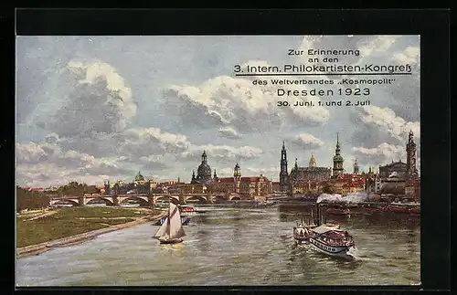 AK Dresden, 3. Intern. Philokartisten-Kongress 1923, Blick von der Marienbrücke