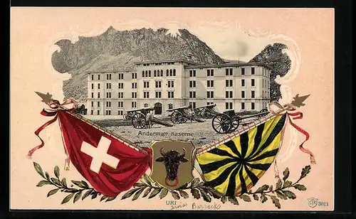 Präge-AK Andermatt, Kaserne, Fahne und Wappen des Kantons Uri