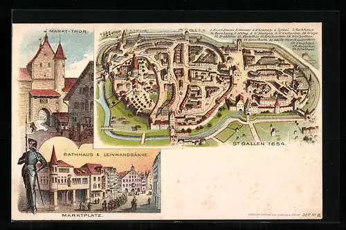 Lithographie St. Gallen, Rathaus & Leinwandbänke, Markt-Thor, Ortsansicht 1654