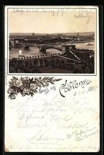 Vorläufer-Lithographie Coblenz, 1895, Panorama mit Brücke