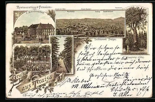 Vorläufer-Lithographie Traisa, 1895, Restaurant J. Riedmatter, Klippsteiner Eiche