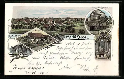 Lithographie Mariäkappel, Gemeinde-Brunnen, Gasthaus O. Kramer