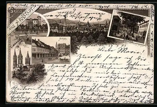 Vorläufer-Lithographie Arnstadt, 1893, Eremitage, Marktplatz, Marlittsheim