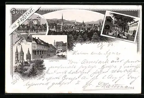 Lithographie Arnstadt, Gasthaus Eremitage, Liebfrauen-Kirche, Marktplatz