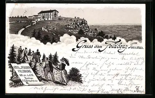 Vorläufer-Lithographie Feldberg i. Taunus, 1895, Hotel und Pension Feldberg mit Aussicht