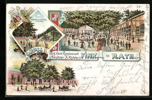 Lithographie Rath / Düsseldorf, Restaurant Fink von A. Richter, Haltestelle der electr. Bahn