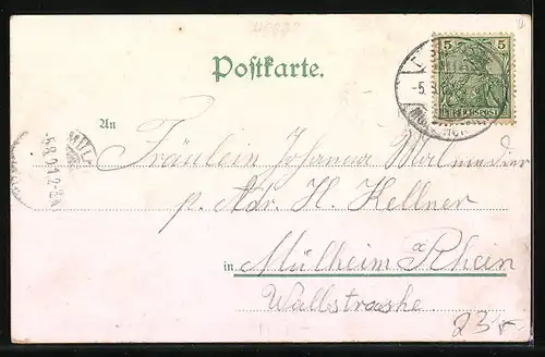 Lithographie Rath / Düsseldorf, Restaurant Fink von A. Richter, Haltestelle der electr. Bahn