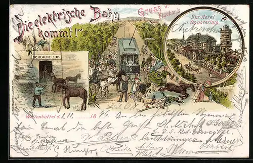 Lithographie Wolfenbüttel, Fischers Kur-Hotel aus der Vogelschau, Elektrische Bahn, Schlacht-Hof, Strassenbahn