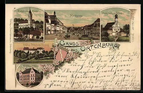 Lithographie Ortenburg, Schloss Ortenburg Ostseite, Katholische Kirche, Protestantische Kirche