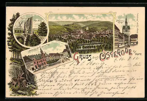 Lithographie Osterode a. Harz, Aegidien-Kirche, Markt mit der neuen Post, Alte Burg