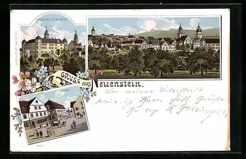 Lithographie Neuenstein, Bierbrauerei zur Sonne und Rathaus, Schloss mit Kirche, Teilansicht
