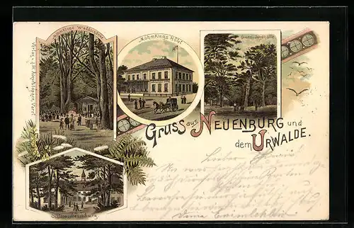 Lithographie Neuenburg, Möhmkings Hotel im Urwalde, Gasthaus Möhmkings Waldschänke, Schloss Neuenburg