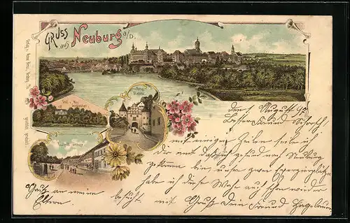 Lithographie Neuburg a. D., Graf v. Moy Schlösschen, Oberes Stadthof, Luitpold-Strasse