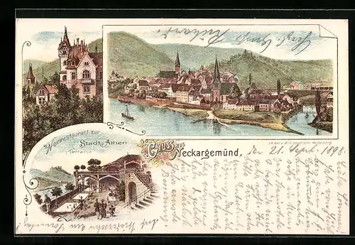 Lithographie Neckargemünd, Weinrestaurant Stadt Athen Terrasse, Ortspartie, Teilansicht