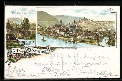 Lithographie Neckargemünd, Teilansicht, Partie an der Elsenz