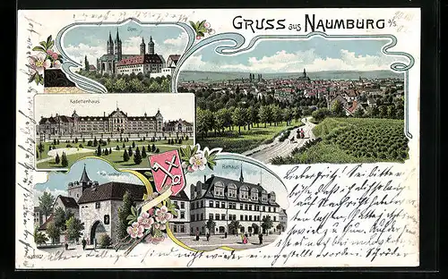 Lithographie Naumburg, Kadettenhaus, Rathaus, Marientor