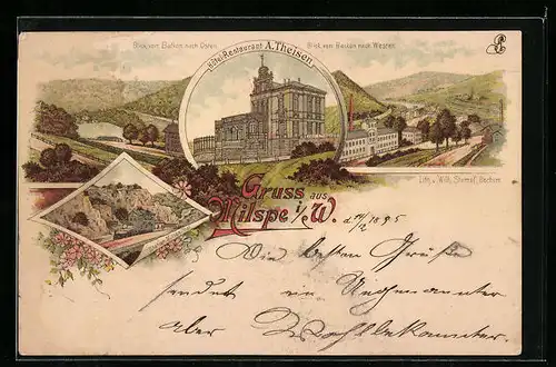 Vorläufer-Lithographie Milspe i. W., 1895, Hotel-Restaurant A. Theisen, Blick vom Balkon nach Osten, Bahnhof Milspe-Thal