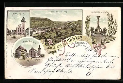 Lithographie Mosbach, Palmsches Haus und Kirche, Rathaus, Kriegerdenkmal