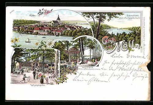 Lithographie Mölln, Gasthof Waldhalle, Blick v. d. Pensionszimmern, Schmalensee vom Pavillon aus