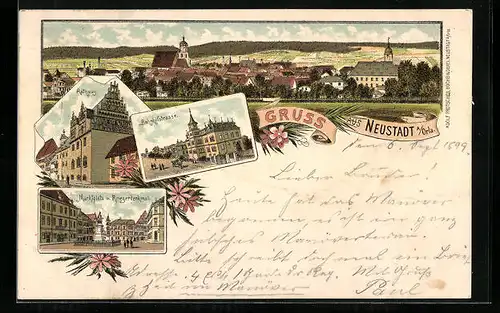Lithographie Neustadt a. Orla, Rathaus, Marktplatz mit Kriegerdenkmal, Bahnhofstrasse