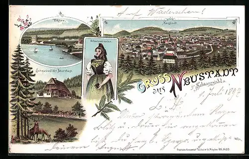 Lithographie Neustadt / Schwarzwald, Schwarzwälder Bauernhaus, Titisee, Schwarzwälderin