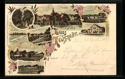 Lithographie Neustadt a. Rbg., Landratsamt, Bahnhof, Kleine Brücke