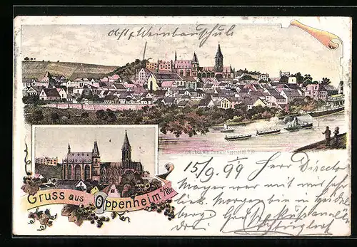 Lithographie Oppenheim a. Rh., Teilansicht mit Dampfer, Kirche