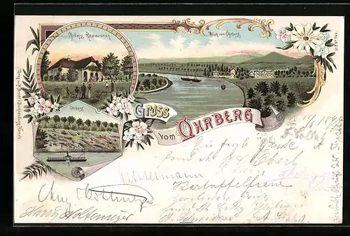 Lithographie Emmerthal, Gasthof Ohrberg, Uferpartie, Panorama