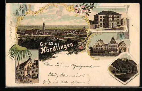Lithographie Nördlingen, Hotel zur Krone, Neues Schulhaus, Rathaus mit Marktplatz