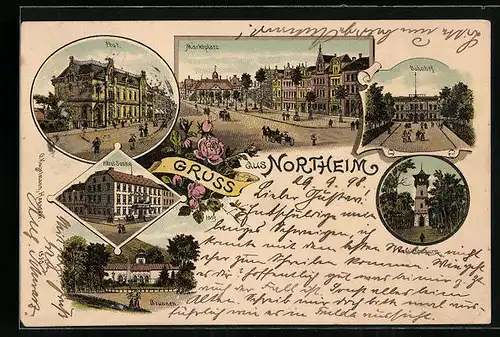 Lithographie Northeim, Hotel Sonne, Bahnhof, Aussichtsturm