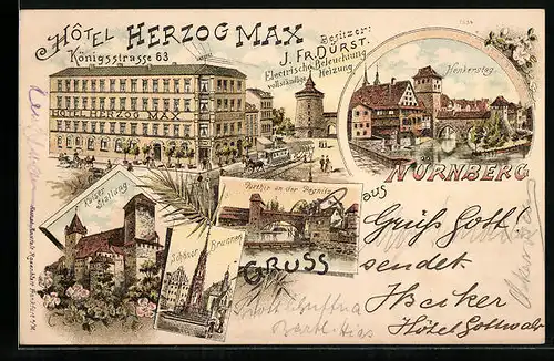 Lithographie Nürnberg, Hotel Herzog Max Königsstrasse 63, Kaiser-Stallung, Schöner Brunnen