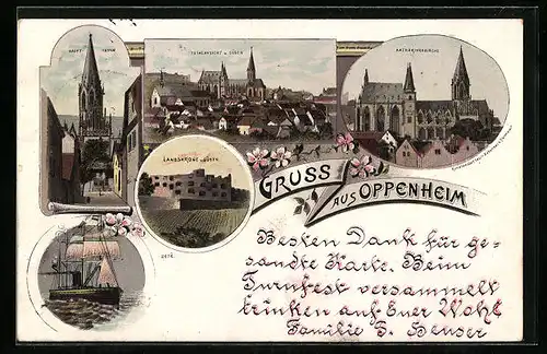 Lithographie Oppenheim, Landskrone v. Süden, Katharinenkirche, Haupt-Turm