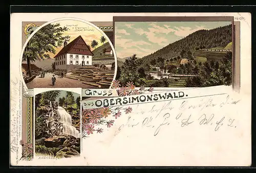 Lithographie Obersimonswald, Gasthof z. Sternen, Zweribachfall, Ortspartie