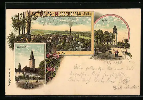 Lithographie Niederrossla im Ilmthal, Ortspartie, Kammergut, Kirche