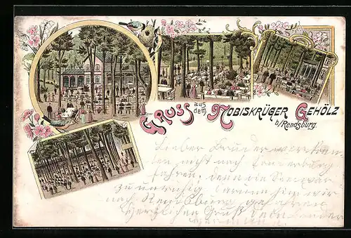 Lithographie Rendsburg, Gasthaus Nobiskrüger Gehölz, Garten