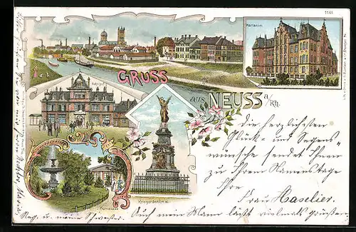 Lithographie Neuss a. Rh., Marianum, Bahnhof, Kriegerdenkmal