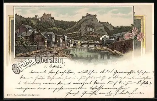 Lithographie Oberstein, Uferpartie mit Brücke