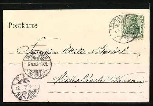 Lithographie Oberstein, Uferpartie mit Brücke