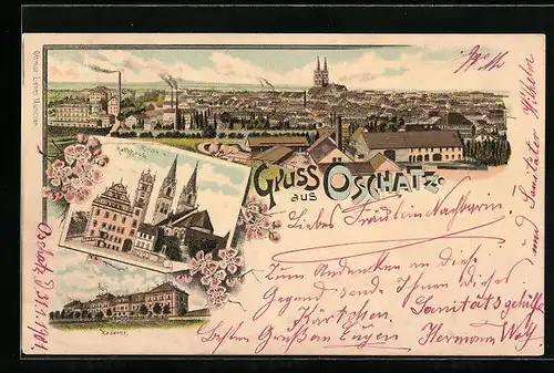 Lithographie Oschatz, Teilansicht, Kaserne, Kirche und Rathaus