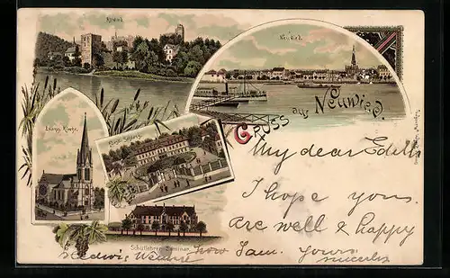 Lithographie Neuwied, Fürstliches Schloss, Schullehrer-Seminar, Evangelische Kirche