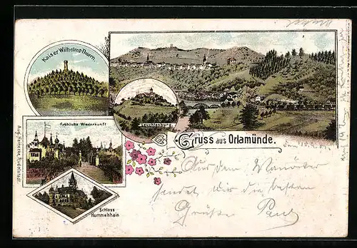 Lithographie Orlamünde, Gasthaus Fröhliche Wiederkunft, Schloss Hummelshain, Leuchtenburg