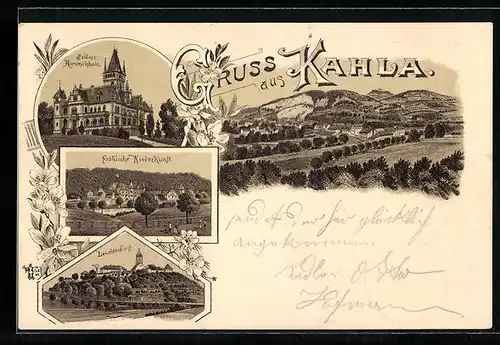 Lithographie Kahla, Ortsansicht mit Bergen, Gasthaus Fröhliche Wiederkunft