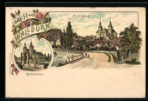 Lithographie Walldürn, Ortsansicht mit Strasse, Wallfahrtskirche