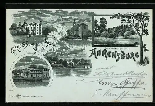 Mondschein-Lithographie Ahrensburg, Bahnhof, Schlosspark-Partie