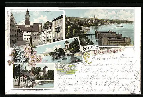 Lithographie Überlingen, Ortsansicht mit Bodensee, Hofstadt, Hafen