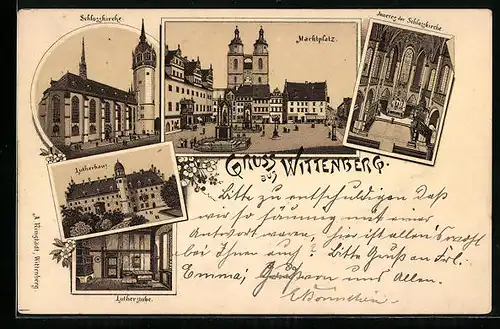 Lithographie Wittenberg, Lutherhaus, Marktplatz, Schlosskirche