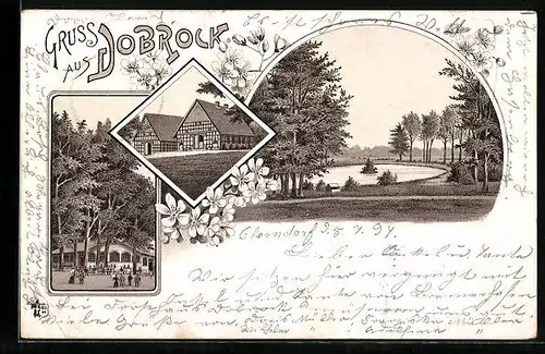 Lithographie Dobrock, Gasthaus mit Garten, Teichpartie