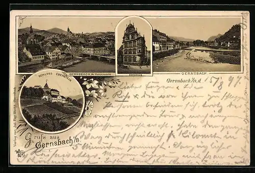 Lithographie Gernsbach i. B., Ortsansicht, Schloss Eberstein