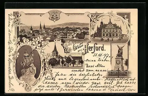 Lithographie Herford, Teilansicht, Postamt, Wappen