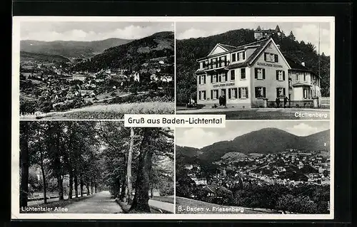 AK Baden-Lichtental, Ortsansicht aus der Vogelschau, Gasthaus-Pension Cäcilienberg Dannhäuser
